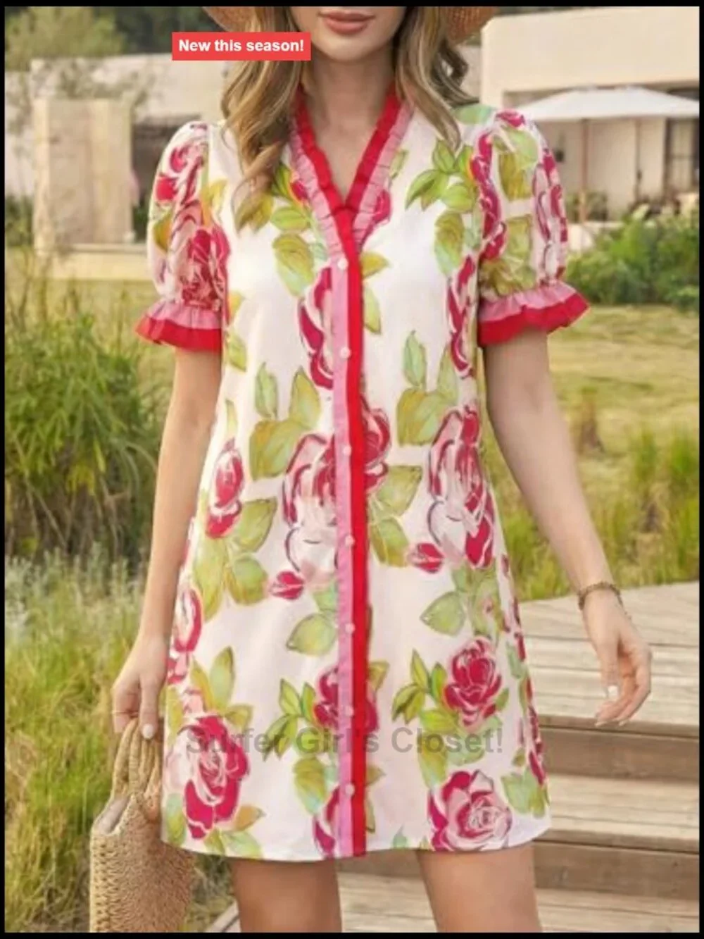Floral Puff Short Sleeve V Neck Button Down Ruffle Mini Dress with Pockets - Picture 4 of 7